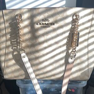 Coach Beige Tote Bag with Gold Chains